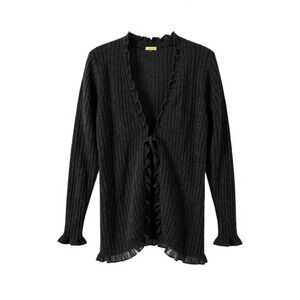 Keran Cardigan Sweater Womens Large‎ Gray 100% Cashmere Ruffle Ribbed Open Front